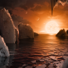 This illustration shows the possible surface of TRAPPIST-1f, one of the newly discovered planets in the TRAPPIST-1 system. Scientists using the Spitzer Space Telescope and ground-based telescopes have discovered that there are seven Earth-size planets in the system. Credits: NASA/JPL-Caltech